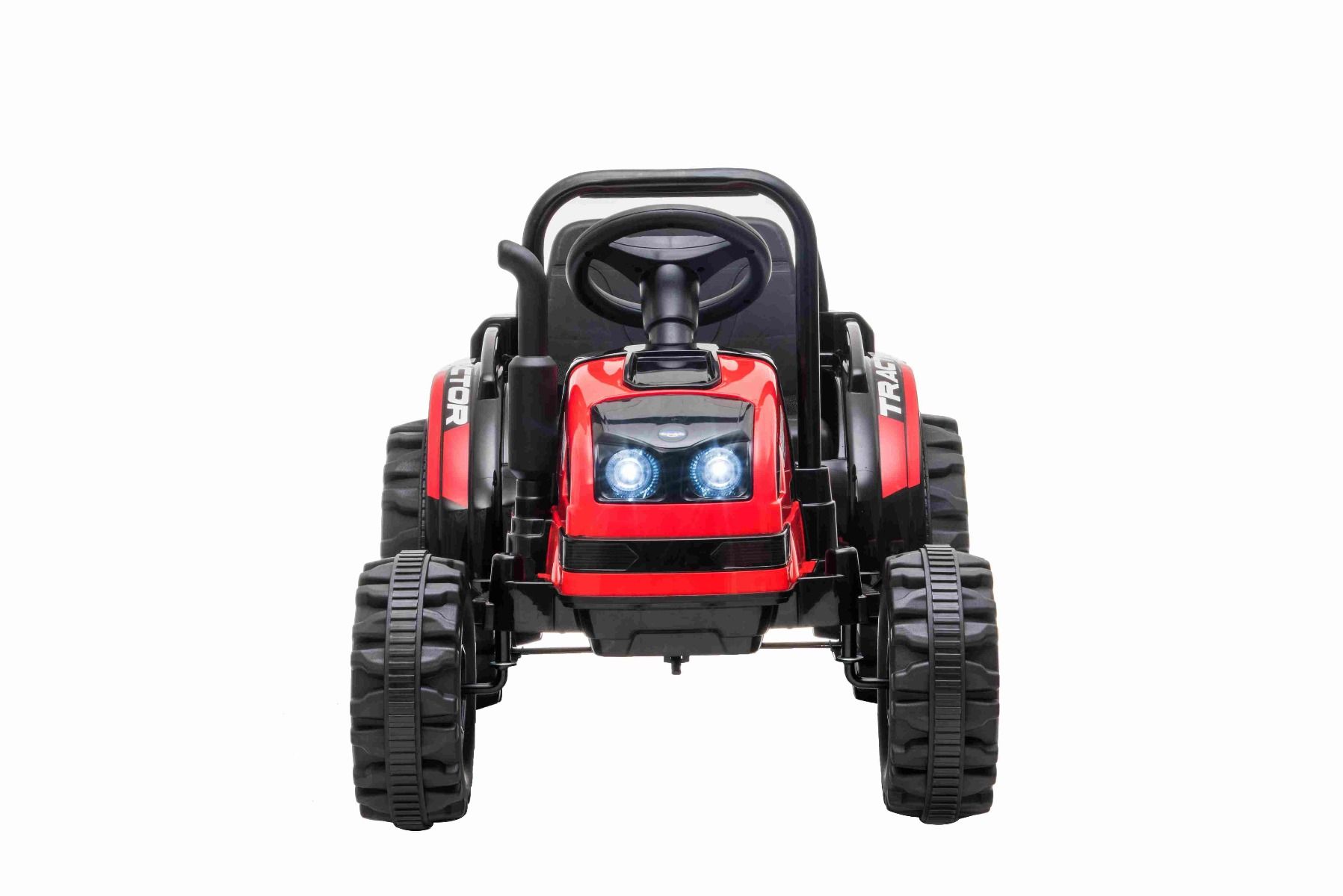 Elektrický Traktor POWER s vlečkou, červený, Pohon zadných kolies, 12V batéria, Plastové kolesá, Odpruženie predných kolies, široké sedadlo, 2,4 GHz Diaľkový ovládač, Jednomiestne, MP3 prehrávač, LED Svetlá