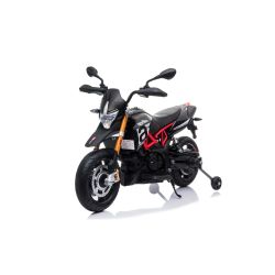 Elektrická Motorka APRILIA DORSODURO 900, Licencované, 12V batéria, EVA mäkké kolesá, 2 x 18W motor, Odpruženie, kovový rám, kovová vidlica, pomocné kolieska, čierne