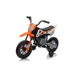 Zánovná elektrická Motorka MOTOCROSS, Oranžová, 12V batéria, EVA mäkké kolesá, Koženkové sedadlo, 2 x 25W Motor, Odpruženie, Kovový rám, MP3 Prehrávač s Bluetoothom, pomocné kolieska