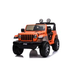 Elektrické autíčko JEEP Wrangler, Jednomiestne, Oranžové, Koženkové sedadlá, Rádio s Bluetooth prehrávačom, SD/USB vstup, Pohon 4x4, Lítiová batéria, EVA kolesá, Odpružená náprava, 2,4 GHz Dialkové Ovládanie