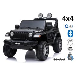 Elektrické autíčko JEEP Wrangler, Jednomiestne, čierne, Koženkové sedadlá, Rádio s Bluetooth prehrávačom, SD/USB vstup, Pohon 4x4, Lítiová batéria, EVA kolesá, Odpružená náprava, 2,4 GHz Dialkové Ovládanie