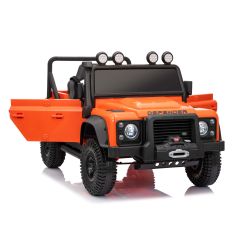 Elektrické autíčko Land Rover Defender 110 SVX 12V, oranžové, 4X4 pohon, LED svetlá, predné aj zadné odpruženie kolies, 2.4 GHz diaľkové ovládanie, USB/Aux Vstup, Bluetooth, Lítiová batéria, 4 X 25W motor, ORIGINÁL licencia