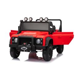 Elektrické autíčko Land Rover Defender 110 SVX 12V, červené, 4X4 pohon, LED svetlá, predné aj zadné odpruženie kolies, 2.4 GHz diaľkové ovládanie, USB/Aux Vstup, Bluetooth, Lítiová batéria, 4 X 25W motor, ORIGINÁL licencia