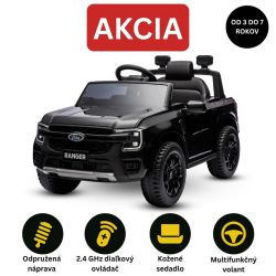 Elektrické autíčko FORD Ranger 12V, čierne, Koženkové sedadlo, 2,4 GHz diaľkové ovládanie, Bluetooth / USB Vstup, Odpruženie, 12V batéria, Plastové kolesá, 2 X 30W MOTOR, ORIGINAL licencia
