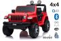 Elektrické autíčko JEEP Wrangler, Jednomiestne, červené, Koženkové sedadlá, Rádio s Bluetooth prehrávačom, SD/USB vstup, Pohon 4x4, Lítiová batéria, EVA kolesá, Odpružená náprava, 2,4 GHz Dialkové Ovládanie