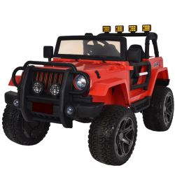 Elektrické autíčko OFFROAD XXL s pohonom 4x4, červené, 12V batérie, Vysoký podvozok, Dvojité koženkové sedadlo, Eva kolesá, Odpružená náprava, 2,4 GHz Diaľkový ovládač, MP3 prehrávač so vstupom USB/SD, LED svetlá