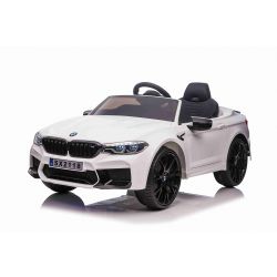 Elektrické autíčko BMW M5 24V, biele, Mäkké EVA kolesá, Motory: 2 x 24V, Kapacita batérií 24V, LED Svetlá, 2,4 GHz diaľkové ovládanie, MP3 Prehrávač, Mäkké PU sedadlo, ORIGINÁL licencia