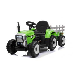 Použitý elektrický Traktor WORKERS s vlečkou, zelený, Pohon zadných kolies, 12V batéria, Plastové kolesá, široké sedadlo, 2,4 GHz Diaľkový ovládač, Jednomiestne, MP3 prehrávač so vstupom USB/SD, LED Svetlá, Bluetooth