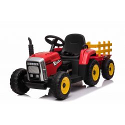 Zánovný elektrický Traktor WORKERS s vlečkou, červený, Pohon zadných kolies, 12V batéria, Plastové kolesá, široké sedadlo, 2,4 GHz Diaľkový ovládač, Jednomiestne, MP3 prehrávač so vstupom USB/SD, LED Svetlá, Bluetooth