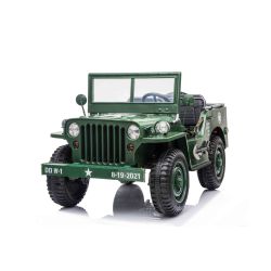 Elektrické autíčko USA ARMY 4X4, zelené, Trojmiestne, MP3 Prehrávač so vstupom USB/SD, Odpružené náprvy, LED svetlá, Sklápacie čelné sklo, 12V14AH, EVA kolesá, Čalúnené sedadlá, 2,4 GHz Diaľkový ovládač, 4 x 4 Pohon