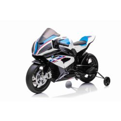 Elektrická Motorka BMW HP4 RACE 12V, biele, Licencované, Pomocné kolieská, mäkké EVA kolesá, 2 x 35W motor, Odpruženie, kovový rám, kovová vidlica