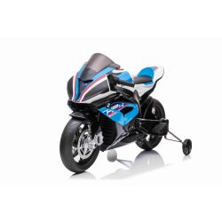 Elektrická Motorka BMW HP4 RACE 12V, modré, Licencované, Pomocné kolieská, mäkké EVA kolesá, 2 x 35W motor, Odpruženie, kovový rám, kovová vidlica