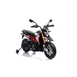 Elektrická Motorka APRILIA DORSODURO 900, Licencované, 12V batéria, EVA mäkké kolesá, 2 x 18W motor, Odpruženie, kovový rám, kovová vidlica, pomocné kolieska, červené