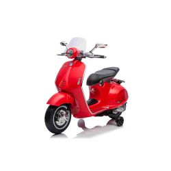 Elektrická motorka Vespa 946 aj so spätným chodom, červené, s pomocnými kolesami, Licencované, 2 x6V Batéria,2x 30W Motor, Koženkové sedadlo, MP3 Prehrávač s USB vstupom