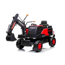 Zánovný elektrický Báger Volvo Excavator 12V s podkopovou lyžicou, Jednomiestne, červený, mäkké koženkové sedadlo, MP3 Prehrávač s USB/SD/AUX vstupom, Zadný pohon, 2 x 35W Motor, EVA kolesá, 12V/14Ah batéria