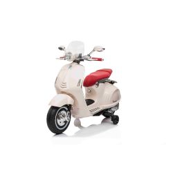 Elektrická motorka Vespa 946 aj so spätným chodom, biele, s pomocnými kolesami, Licencované, 2 x6V Batéria,2x 30W Motor, Koženkové sedadlo, MP3 Prehrávač s USB vstupom