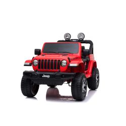 Zánovné elektrické autíčko JEEP Wrangler, Dvojmiestne, červené, Kožené sedadlá, Rádio s Bluetooth prehrávačom, SD/USB vstup, Pohon 4x4, 12V10Ah Batéria, EVA kolesá, Odpružené nápravy, 2,4 GHz Diaľkové ovládanie