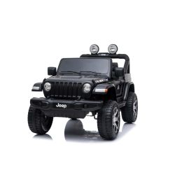Zánovné elektrické autíčko JEEP Wrangler, Jednomiestne, čierne, Koženkové sedadlá, Rádio s Bluetooth prehrávačom, SD/USB vstup, Pohon 4x4, 12V10Ah Batéria, EVA kolesá, Odpružené nápravy, 2,4 GHz Diaľkové ovládanie