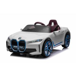 Elektrické autíčko BMW i4, biele, 2,4 GHz diaľkové ovládanie, USB / AUX / Bluetooth prípojka, odpruženie, 12V batéria, LED svetlá, 2 X MOTOR, ORIGINAL licencia