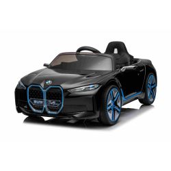 Zánovné elektrické autíčko BMW i4, čierne, 2,4 GHz diaľkové ovládanie, USB / AUX / Bluetooth prípojka, odpruženie, 12V batéria, LED svetlá, 2 X MOTOR, ORIGINAL licencia