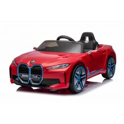 Elektrické autíčko BMW i4, červené, 2,4 GHz diaľkové ovládanie, USB / AUX / Bluetooth prípojka, odpruženie, 12V batéria, LED svetlá, 2 X MOTOR, ORIGINAL licencia