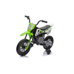 Elektrická Motorka MOTOCROSS, Zelená, 12V batéria, EVA mäkké kolesá, Koženkové sedadlo, 2 x 25W Motor, Odpruženie, Kovový rám, MP3 Prehrávač s Bluetoothom, pomocné kolieska