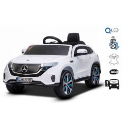 Zánovné elektrické autíčko Mercedes-Benz EQC, 12V, 2,4 GHz dialkové ovládanie, USB / SD Vstup, odpruženie, 12V/7Ah batéria, LED Svetlá mäkké EVA kolesá, 2 X MOTOR, biele, ORIGINÁL licencia