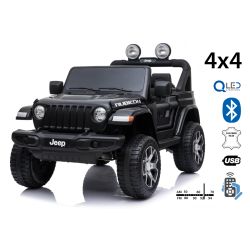 Elektrické autíčko JEEP Wrangler, Jednomiestne, čierne, Koženkové sedadlá, Rádio s Bluetooth prehrávačom, SD/USB vstup, Pohon 4x4, 12V10Ah Batéria, EVA kolesá, Odpružená náprava, 2,4 GHz Diaľkové Ovládanie