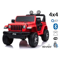 Elektrické autíčko JEEP Wrangler, Jednomiestne, červené, Koženkové sedadlá, Rádio s Bluetooth prehrávačom, SD/USB vstup, Pohon 4x4, 12V10Ah Batéria, EVA kolesá, Odpružená náprava, 2,4 GHz Dialkové Ovládanie