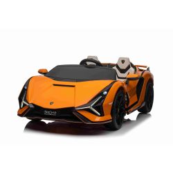 Elektrické autíčko Lamborghini Sian 4X4, oranžové, 12V, 2,4 GHz diaľkové ovládanie, USB / AUX Vstup, Bluetooth, Odpruženie, Vertikálne otváracie dvere, mäkké EVA kolesá, LED Svetlá, ORIGINAL licencia